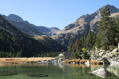 Scenic view of lake and mountains against clear sky