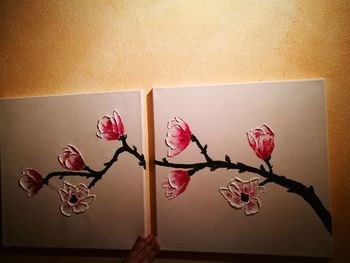 Close-up of pink roses in vase against wall