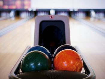 Bowling balls at ten pin bowling alley