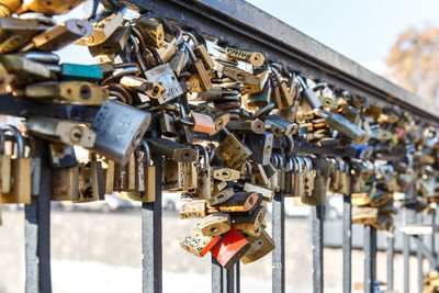 Close-up of padlocks hanging on railing