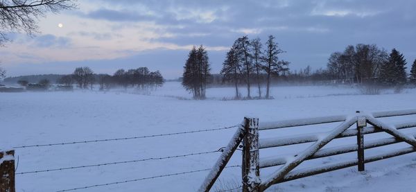 Scenic view of snow covered field against sky