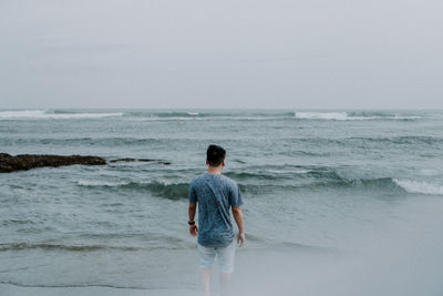 Rear view of man standing at beach against sky