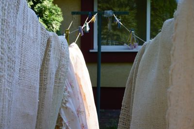 Close-up of clothes drying on clothesline