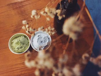 High angle view of ice cream on table