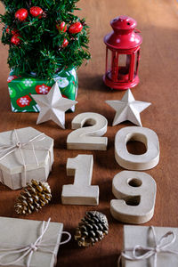 High angle view of christmas decoration on table