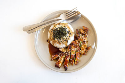 High angle view of breakfast served in plate