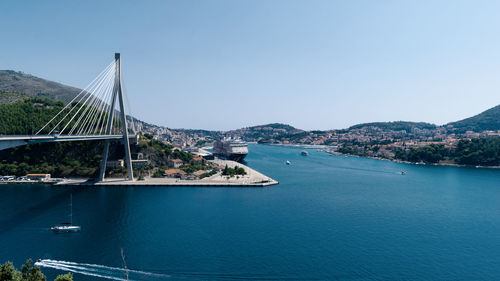 View of suspension bridge over sea
