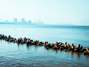 Scenic view of sea by city against clear sky