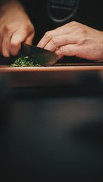 Cropped hands cutting vegetables on cutting board