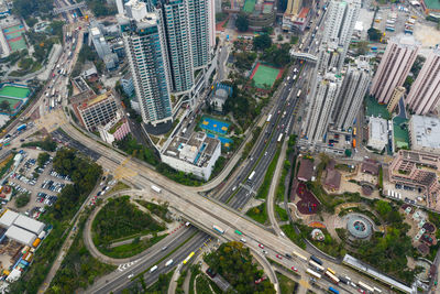 High angle view of street amidst buildings in city