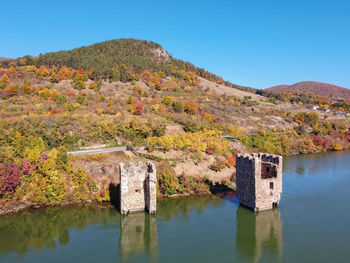 Scenic view of lake against clear blue sky