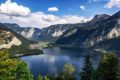 The view of hallstatt lake and the surrounding mountains taken from hallstatt skywalk in austria