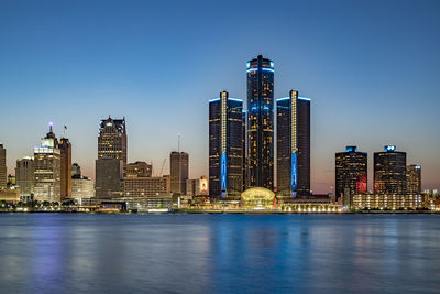 Detroit skyline at dusk and clear perfect weather.