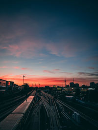 High angle view of railroad tracks against sky during sunset