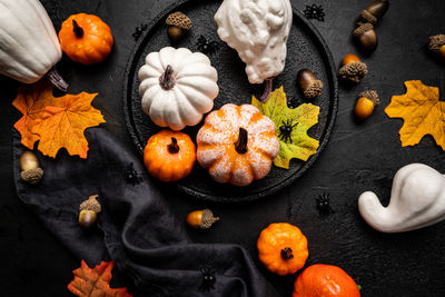 High angle view of pumpkins on table