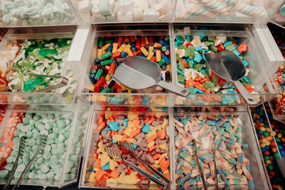 High angle view of multi colored toys