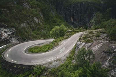 High angle view of road amidst trees in forest