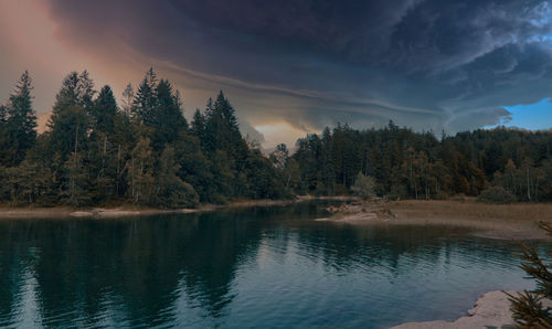 Scenic view of lake in forest against sky