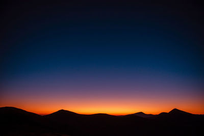 Scenic view of silhouette mountains against clear sky at sunset