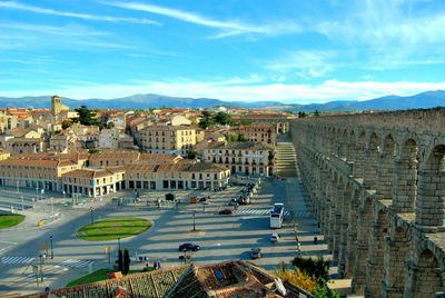 High angle view of buildings in city. aqueduct of segovia. 