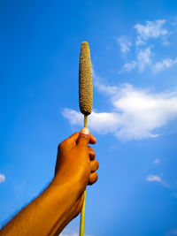 Low angle view of hand holding blue sky