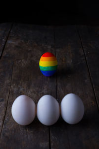 High angle view of multi colored balls on table