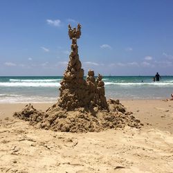 Sand palace on the beach view of sea against sky