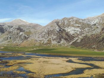 Scenic view of landscape and mountains against sky