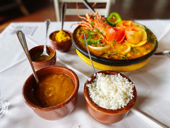 High angle view of food served on table
