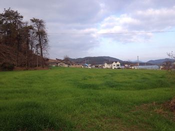 Scenic view of grassy field against cloudy sky