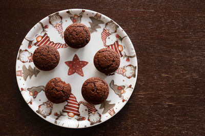 High angle view of cake in plate on table