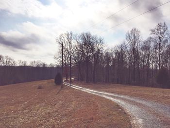 Road amidst bare trees against sky