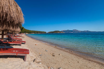 Scenic view of beach against clear blue sky