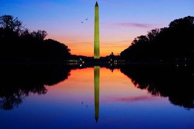 Reflection of trees in lake at sunset