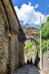 Rear view of people walking on old building against sky