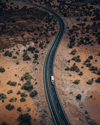 High angle view of car moving on road