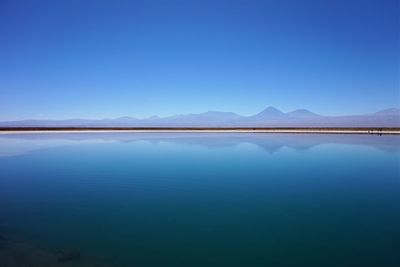 Scenic view of lake against clear blue sky