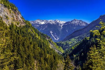 Scenic view of snowcapped mountains against clear blue sky