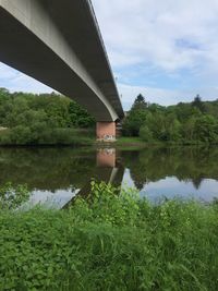 Arch bridge over lake against sky