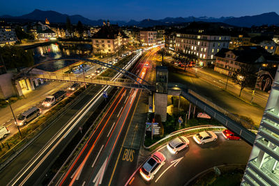 High angle view of light trails on city street