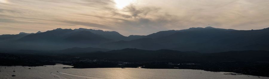 Scenic view of mountains against cloudy sky