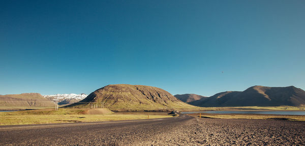 Scenic view of desert against clear blue sky