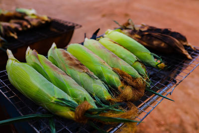 High angle view of vegetables on barbecue grill