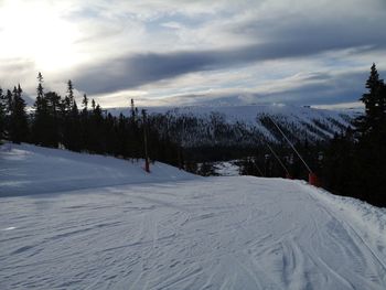 Snow covered landscape against sky