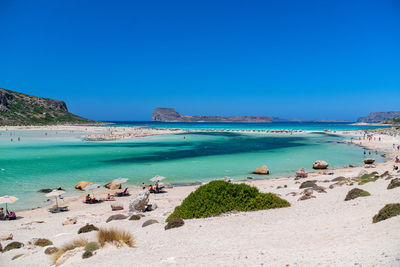 Scenic view of beach against clear blue sky