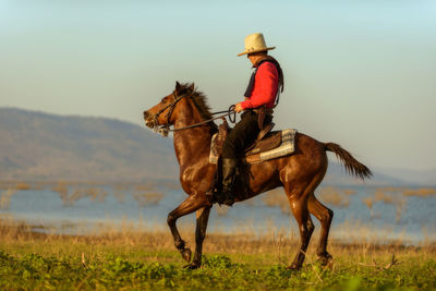 Man riding horse on field