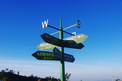 Close-up of road sign against blue sky