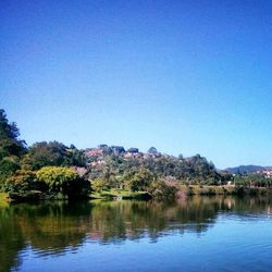 Scenic view of calm lake against clear blue sky