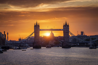 View of suspension bridge at sunset