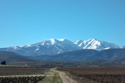 Scenic view of snowcapped mountains against clear blue sky